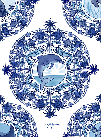 Delft Blue Dolphin Blue and White Fine Art Canvas Print 18" x 24"