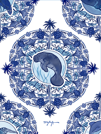 Delft Blue Manatee Blue and White Fine Coastal Art Canvas Print 18" x 24"