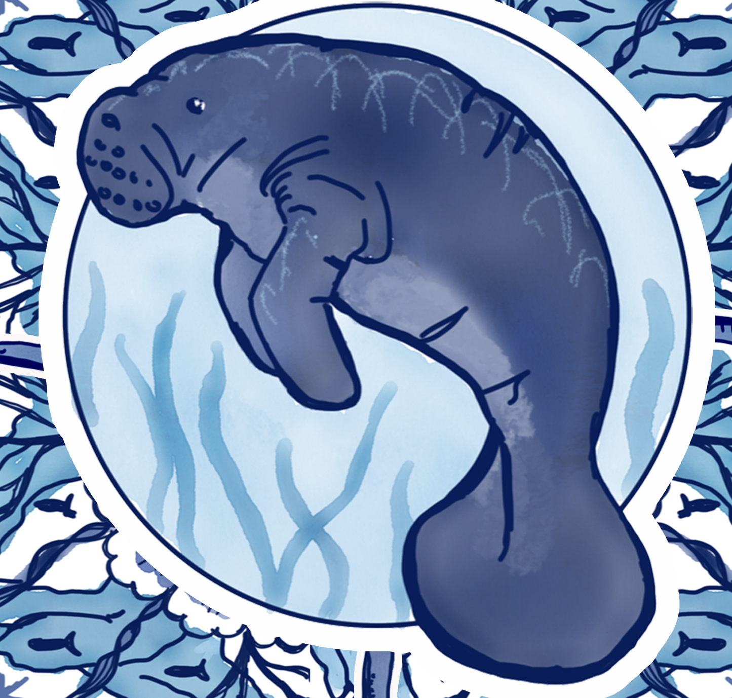 Delft Blue Manatee Blue and White Fine Coastal Art Canvas Print 18" x 24"