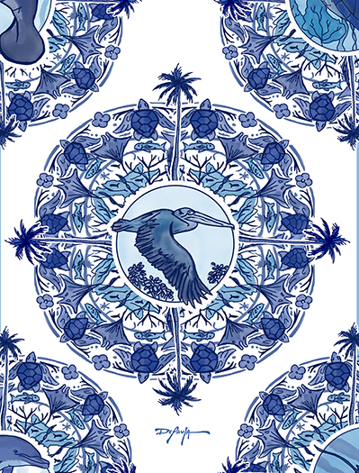 Delft Blue Pelican Blue and White Fine Coastal Art Canvas Print 18" x 24"