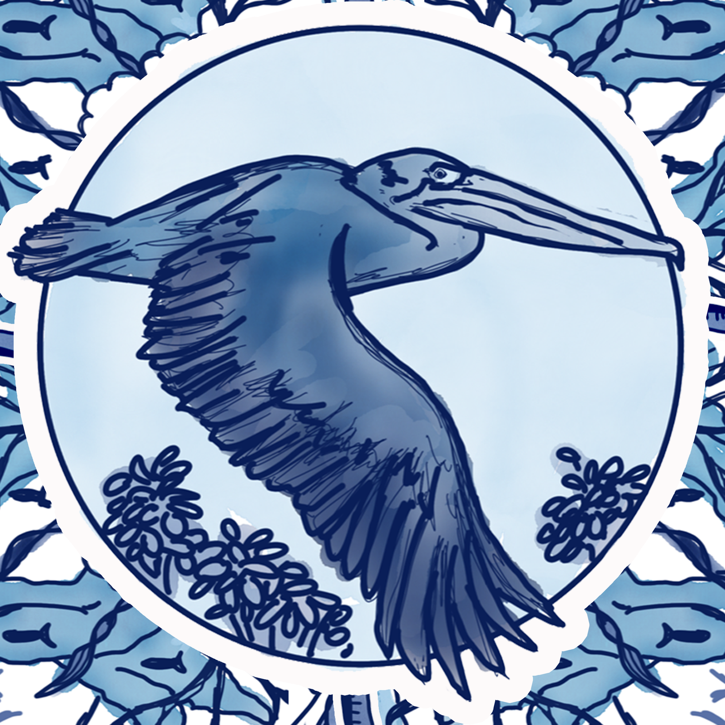 Delft Blue Pelican Blue and White Fine Coastal Art Canvas Print 18" x 24"