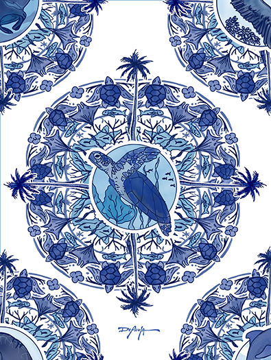 Delft Blue Turtle Blue and White Fine Coastal Art Canvas Print 18" x 24"