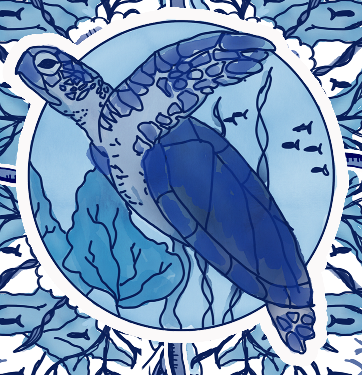 Delft Blue Turtle Blue and White Fine Coastal Art Canvas Print 18" x 24"