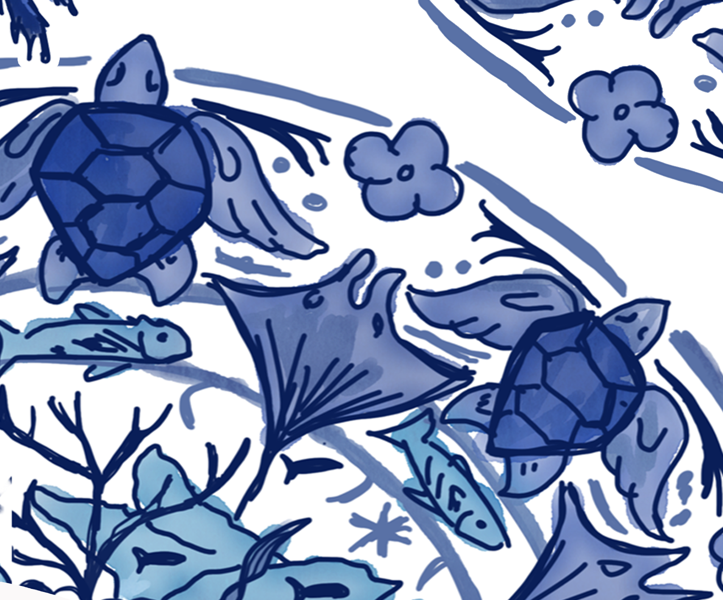 Delft Blue Manatee Blue and White Fine Coastal Art Canvas Print 18" x 24"