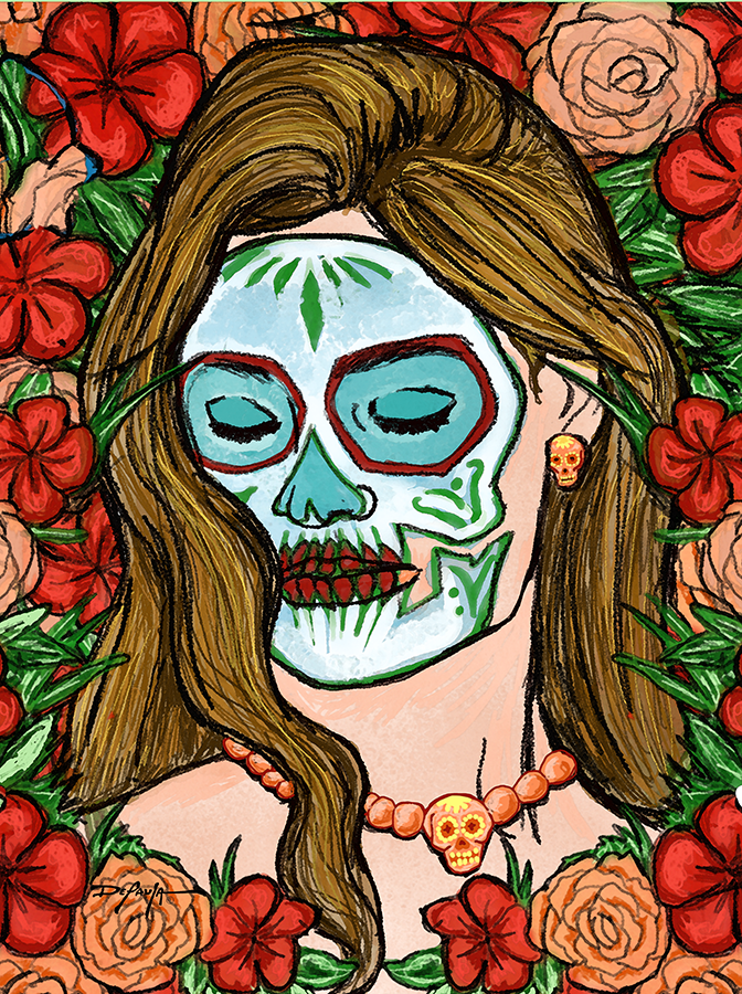 Dia de los Muertos Mujer Portrait Sugar Skull Woman Fine Art Canvas Print 18" x 24"