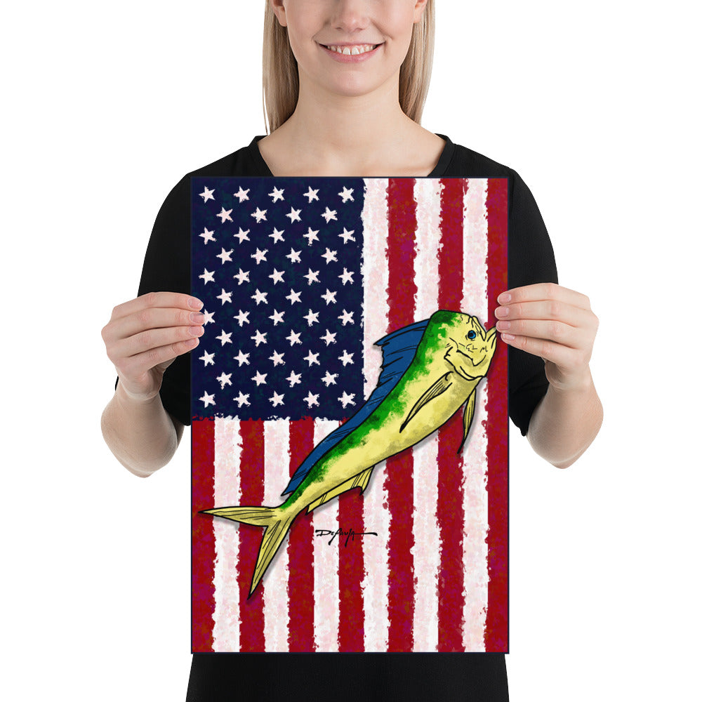 American Flag Colors of Freedom Mahi Mahi Dorado Fish Fine Art Print 18 x 24"