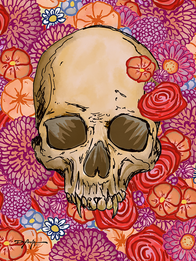 Skull and Flowers Fine Floral Art Canvas Print 18" x 24"