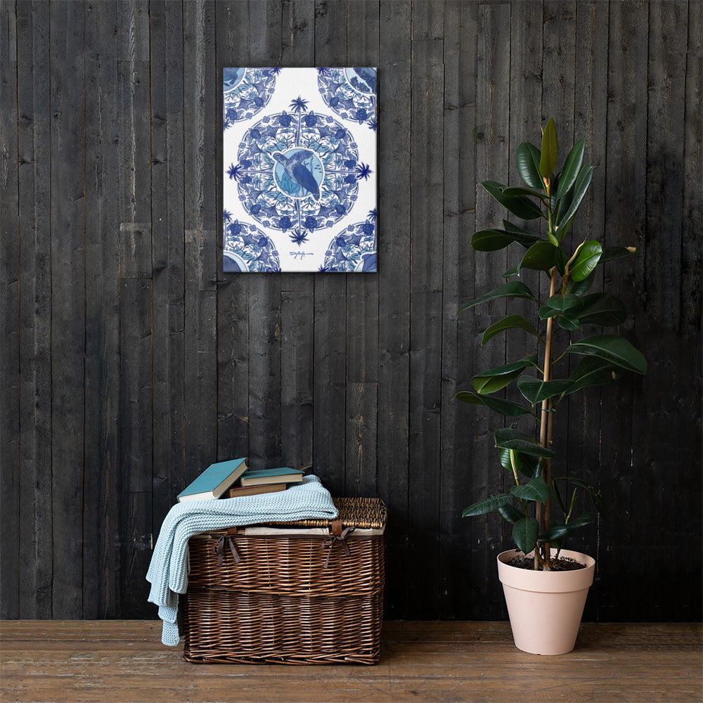 Delft Blue Turtle Blue and White Fine Coastal Art Canvas Print 18" x 24"