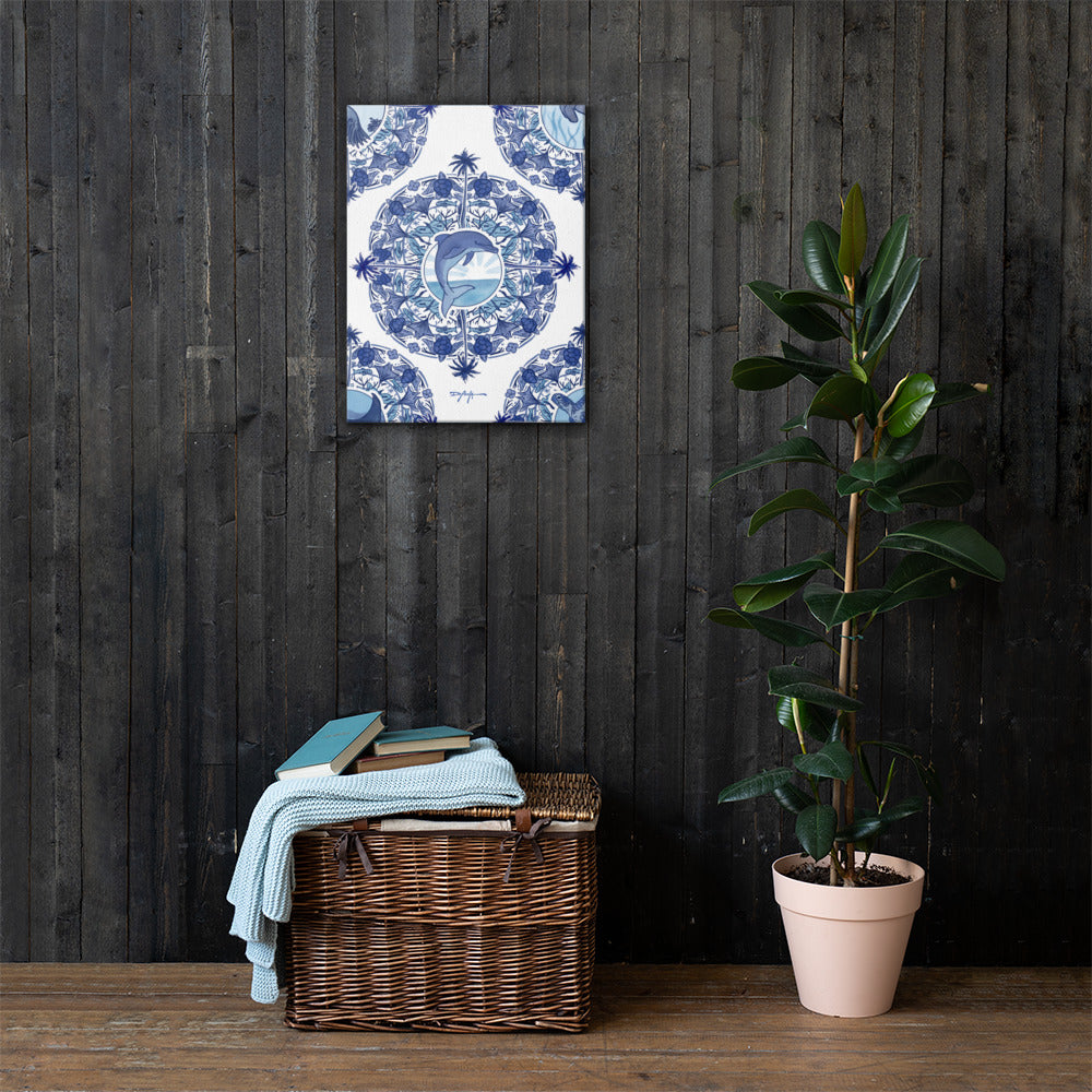 Delft Blue Dolphin Blue and White Fine Art Canvas Print 18" x 24"