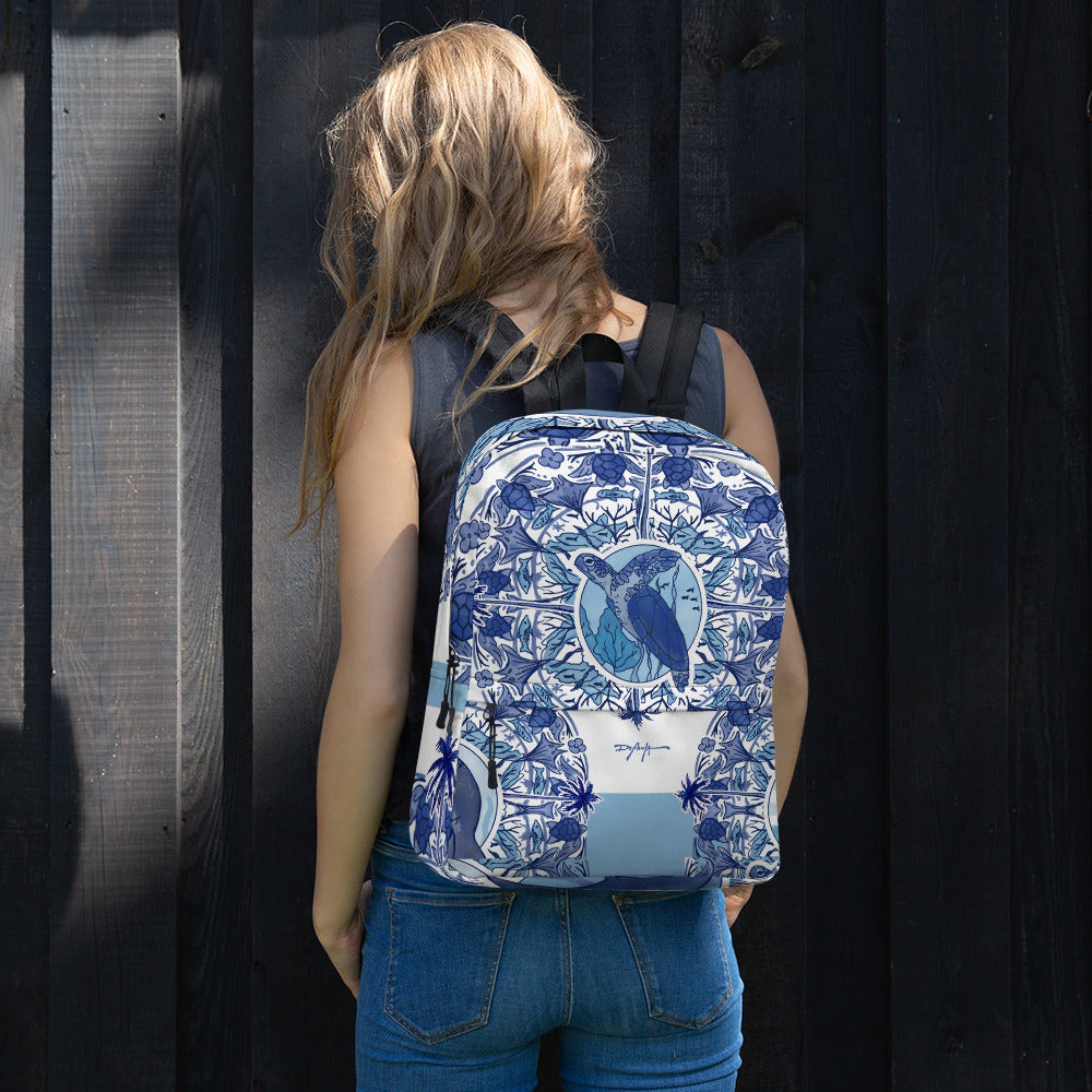 Delft Blue Sea Turtle Fine Art Blue and White Backpack Bag