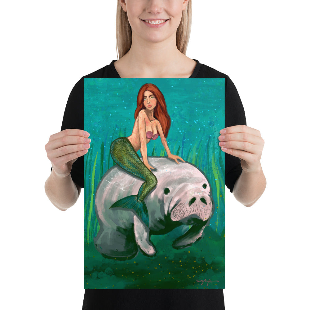 Mermaid & the Manatee Fine Coastal Art Print 12" x 18"