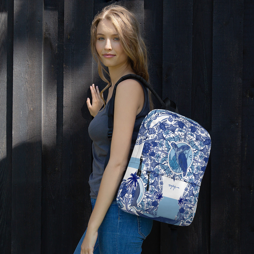 Delft Blue Sea Turtle Fine Art Blue and White Backpack Bag