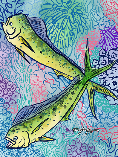 Sapphire Reef Dolphin Fish Mahi Mahi Fine Art Canvas Print 18 x 24"